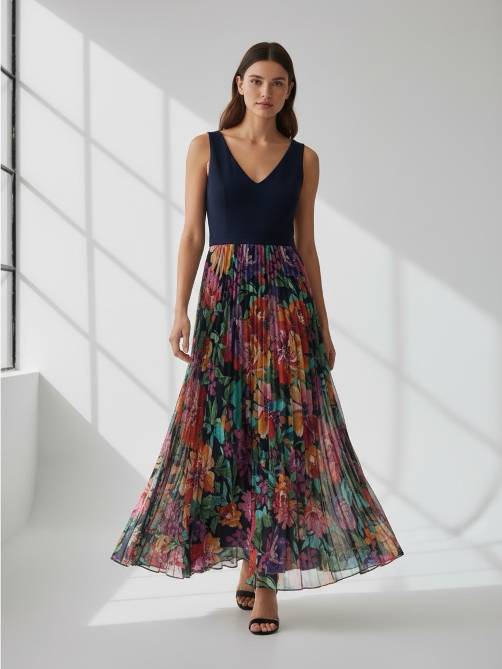 New Xscape Navy V-Neck Maxi Skirt with Multicolor Floral Pleats size 6